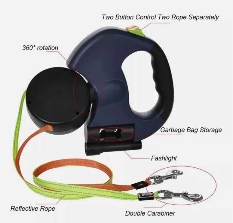 Dual Dog Leash with Swivel & LED Light